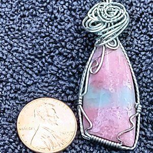 Rhodonite Teardrop - Silver Coated Wire Wrapped Pendant Necklace